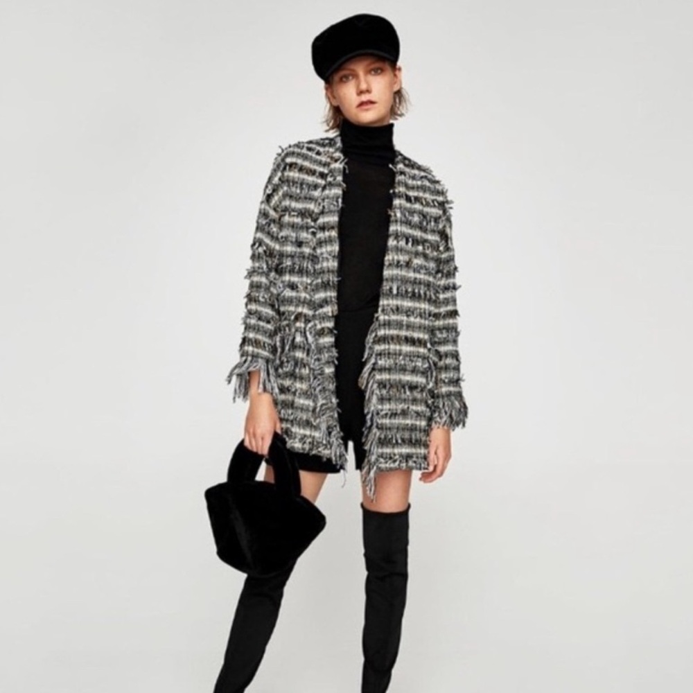 Zara Women's Tweed Fringe Open Face Coat Size XS